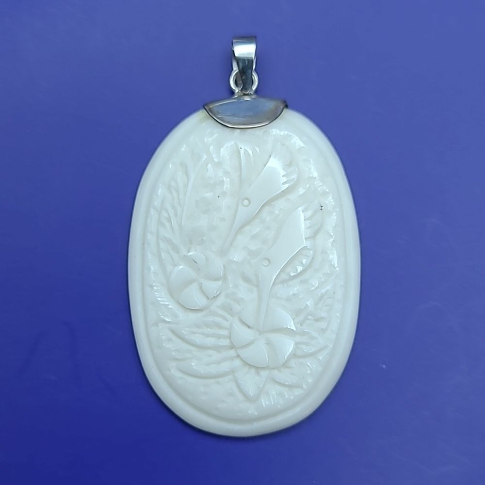 Balinese Carved Bone Birds & Flower Pendant in Sterling Silver